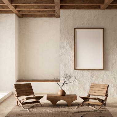 Poster çerçevesini boho stili dekore edilmiş livinig odasıyla süsleyin. Ahşap mobilyaları olan modern, otantik bir oturma odası tasarımı. 3B illüstrasyon