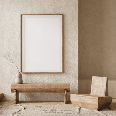 Poster çerçevesini boho stili dekore edilmiş livinig odasıyla süsleyin. Ahşap mobilyaları olan modern, otantik bir oturma odası tasarımı. 3B illüstrasyon