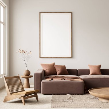 Poster çerçevesini boho stili dekore edilmiş livinig odasıyla süsleyin. Ahşap mobilyaları olan modern, otantik bir oturma odası tasarımı. 3B illüstrasyon