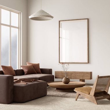 Poster çerçevesini boho stili dekore edilmiş livinig odasıyla süsleyin. Ahşap mobilyaları olan modern, otantik bir oturma odası tasarımı. 3B illüstrasyon