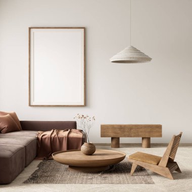 Poster çerçevesini boho stili dekore edilmiş livinig odasıyla süsleyin. Ahşap mobilyaları olan modern, otantik bir oturma odası tasarımı. 3B illüstrasyon