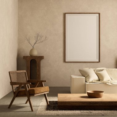 Poster çerçevesini boho stili dekore edilmiş livinig odasıyla süsleyin. Ahşap mobilyaları olan modern, otantik bir oturma odası tasarımı. 3B illüstrasyon