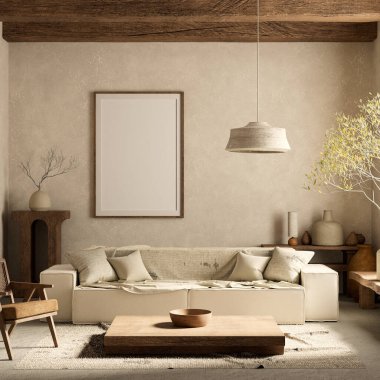 Poster çerçevesini boho stili dekore edilmiş livinig odasıyla süsleyin. Ahşap mobilyaları olan modern, otantik bir oturma odası tasarımı. 3B illüstrasyon