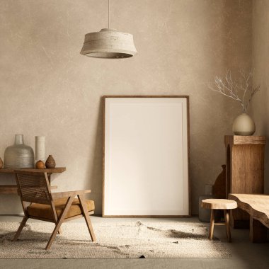 Poster çerçevesini boho stili dekore edilmiş livinig odasıyla süsleyin. Ahşap mobilyaları olan modern, otantik bir oturma odası tasarımı. 3B illüstrasyon