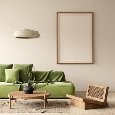 Poster çerçevesini boho stili dekore edilmiş livinig odasıyla süsleyin. Ahşap mobilyaları olan modern, otantik bir oturma odası tasarımı. 3B illüstrasyon