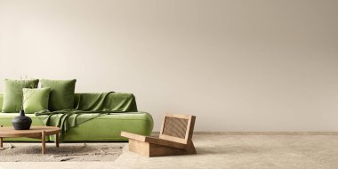 Boho tarzı dekore edilmiş livinig odası. Ahşap mobilyaları olan modern otantik oturma odası tasarımı. 3B illüstrasyon