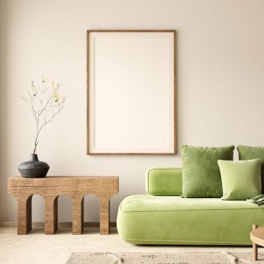 Poster çerçevesini boho stili dekore edilmiş livinig odasıyla süsleyin. Ahşap mobilyaları olan modern, otantik bir oturma odası tasarımı. 3B illüstrasyon