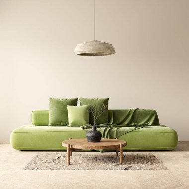 Poster çerçevesini boho stili dekore edilmiş livinig odasıyla süsleyin. Ahşap mobilyaları olan modern, otantik bir oturma odası tasarımı. 3B illüstrasyon