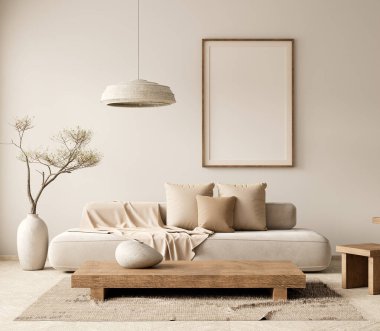 Poster çerçevesini boho stili dekore edilmiş livinig odasıyla süsleyin. Ahşap mobilyaları olan modern, otantik bir oturma odası tasarımı. 3B illüstrasyon