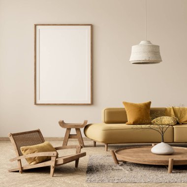 Poster çerçevesini boho stili dekore edilmiş livinig odasıyla süsleyin. Ahşap mobilyaları olan modern, otantik bir oturma odası tasarımı. 3B illüstrasyon