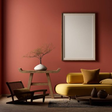 Poster çerçevesini boho stili dekore edilmiş livinig odasıyla süsleyin. Ahşap mobilyaları olan modern, otantik bir oturma odası tasarımı. 3B illüstrasyon