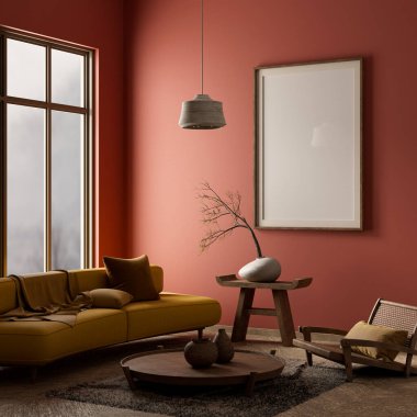 Poster çerçevesini boho stili dekore edilmiş livinig odasıyla süsleyin. Ahşap mobilyaları olan modern, otantik bir oturma odası tasarımı. 3B illüstrasyon