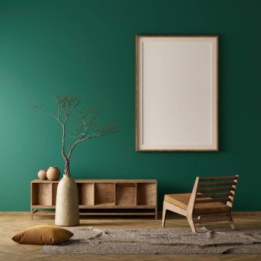 Poster çerçevesini boho stili dekore edilmiş livinig odasıyla süsleyin. Ahşap mobilyaları olan modern, otantik bir oturma odası tasarımı. 3B illüstrasyon