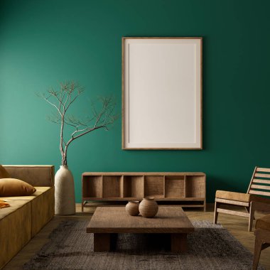 Poster çerçevesini boho stili dekore edilmiş livinig odasıyla süsleyin. Ahşap mobilyaları olan modern, otantik bir oturma odası tasarımı. 3B illüstrasyon