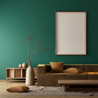 Poster çerçevesini boho stili dekore edilmiş livinig odasıyla süsleyin. Ahşap mobilyaları olan modern, otantik bir oturma odası tasarımı. 3B illüstrasyon