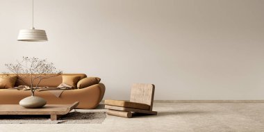 Boho tarzı dekore edilmiş livinig odası. Ahşap mobilyaları olan modern otantik oturma odası tasarımı. 3B illüstrasyon