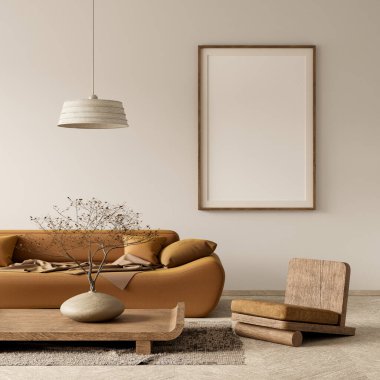 Poster çerçevesini boho stili dekore edilmiş livinig odasıyla süsleyin. Ahşap mobilyaları olan modern, otantik bir oturma odası tasarımı. 3B illüstrasyon