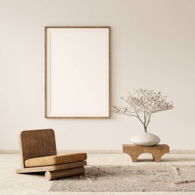 Poster çerçevesini boho stili dekore edilmiş livinig odasıyla süsleyin. Ahşap mobilyaları olan modern, otantik bir oturma odası tasarımı. 3B illüstrasyon