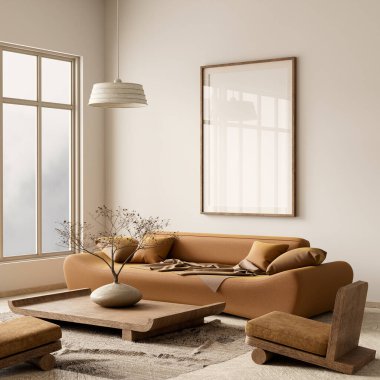 Poster çerçevesini boho stili dekore edilmiş livinig odasıyla süsleyin. Ahşap mobilyaları olan modern, otantik bir oturma odası tasarımı. 3B illüstrasyon