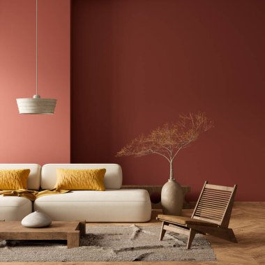 Boho tarzı dekore edilmiş livinig odası. Ahşap mobilyaları olan modern otantik oturma odası tasarımı. 3B illüstrasyon