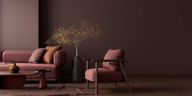 Boho tarzı dekore edilmiş livinig odası. Ahşap mobilyaları olan modern otantik oturma odası tasarımı. 3B illüstrasyon