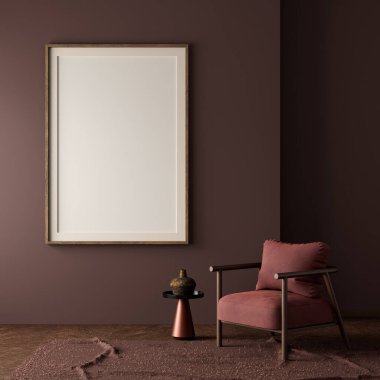 Poster çerçevesini boho stili dekore edilmiş livinig odasıyla süsleyin. Ahşap mobilyaları olan modern, otantik bir oturma odası tasarımı. 3B illüstrasyon