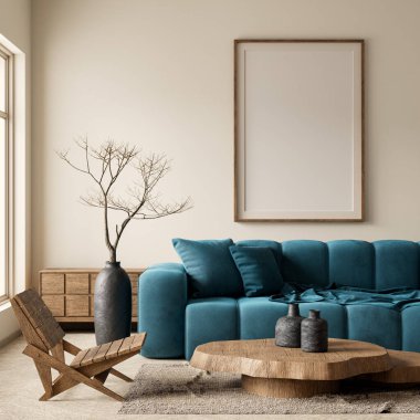Poster çerçevesini boho stili dekore edilmiş livinig odasıyla süsleyin. Ahşap mobilyaları olan modern, otantik bir oturma odası tasarımı. 3B illüstrasyon