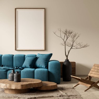 Poster çerçevesini boho stili dekore edilmiş livinig odasıyla süsleyin. Ahşap mobilyaları olan modern, otantik bir oturma odası tasarımı. 3B illüstrasyon