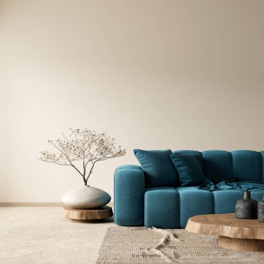 Boş duvar, boho stili dekore edilmiş livinig odada maket yapıyor. Ahşap mobilyalı oturma odasının aydınlık modern iç tasarımı. 3B illüstrasyon