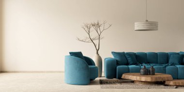 Boş duvar, boho stili dekore edilmiş livinig odada maket yapıyor. Ahşap mobilyalı oturma odasının aydınlık modern iç tasarımı. 3B illüstrasyon