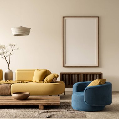 Poster çerçevesini boho stili dekore edilmiş livinig odasıyla süsleyin. Ahşap mobilyaları olan modern, otantik bir oturma odası tasarımı. 3B illüstrasyon