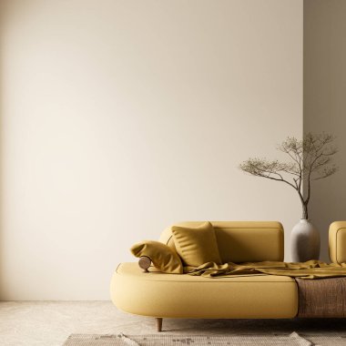 Boş duvar, boho stili dekore edilmiş livinig odada maket yapıyor. Ahşap mobilyalı oturma odasının aydınlık modern iç tasarımı. 3B illüstrasyon