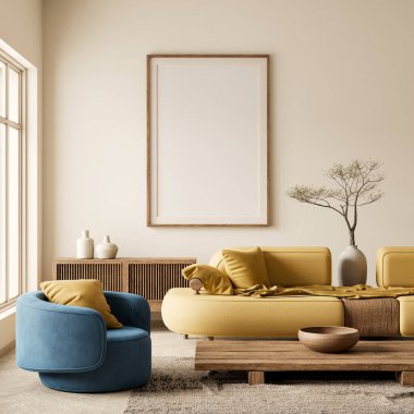 Poster çerçevesini boho stili dekore edilmiş livinig odasıyla süsleyin. Ahşap mobilyaları olan modern, otantik bir oturma odası tasarımı. 3B illüstrasyon