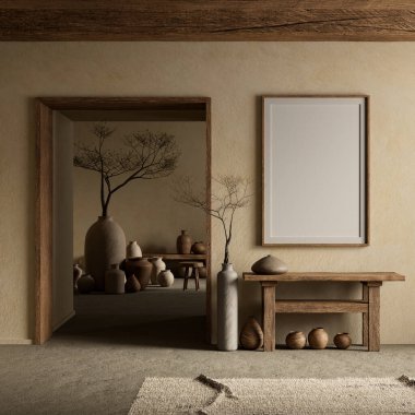 Poster çerçevesini boho stili dekore edilmiş livinig odasıyla süsleyin. Ahşap mobilyaları olan modern, otantik bir oturma odası tasarımı. 3B illüstrasyon