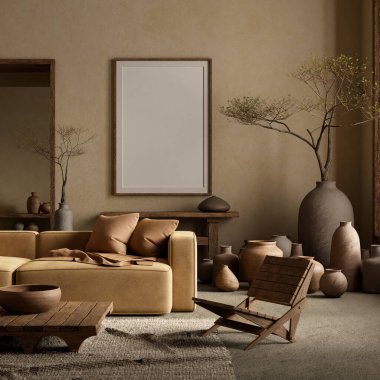 Poster çerçevesini boho stili dekore edilmiş livinig odasıyla süsleyin. Ahşap mobilyaları olan modern, otantik bir oturma odası tasarımı. 3B illüstrasyon