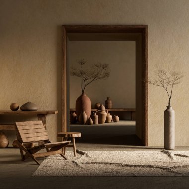 Bboho tarzı dekore edilmiş livinig odası. Ahşap mobilyaları olan modern, otantik bir oturma odası tasarımı. 3B illüstrasyon