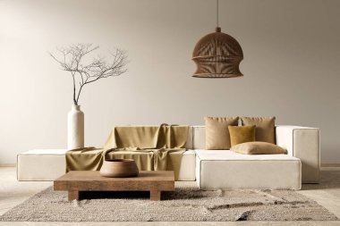 Bboho tarzı dekore edilmiş livinig odası. Ahşap mobilyaları olan modern, otantik bir oturma odası tasarımı. 3B illüstrasyon