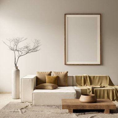 Poster çerçevesini boho stili dekore edilmiş livinig odasıyla süsleyin. Ahşap mobilyaları olan modern, otantik bir oturma odası tasarımı. 3B illüstrasyon