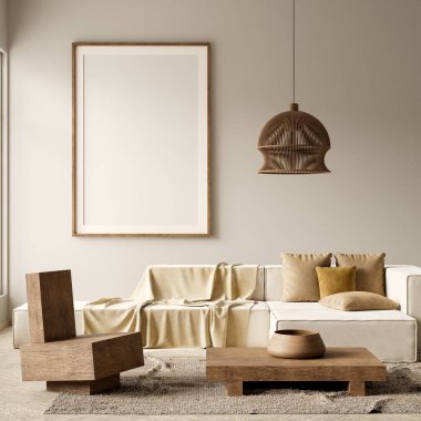 Poster çerçevesini boho stili dekore edilmiş livinig odasıyla süsleyin. Ahşap mobilyaları olan modern, otantik bir oturma odası tasarımı. 3B illüstrasyon