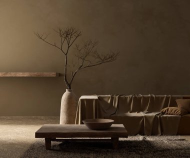 Bboho tarzı dekore edilmiş livinig odası. Ahşap mobilyaları olan modern, otantik bir oturma odası tasarımı. 3B illüstrasyon