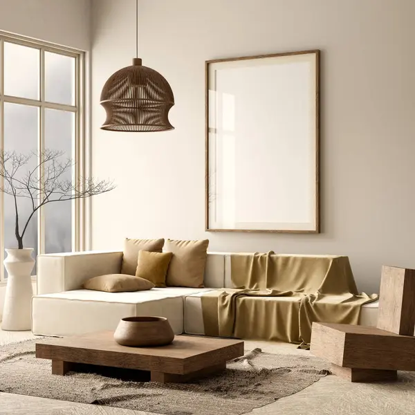 Poster çerçevesini boho stili dekore edilmiş livinig odasıyla süsleyin. Ahşap mobilyaları olan modern, otantik bir oturma odası tasarımı. 3B illüstrasyon