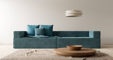 Bboho tarzı dekore edilmiş livinig odası. Ahşap mobilyaları olan modern, otantik bir oturma odası tasarımı. 3B illüstrasyon