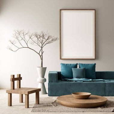 Poster çerçevesini boho stili dekore edilmiş livinig odasıyla süsleyin. Ahşap mobilyaları olan modern, otantik bir oturma odası tasarımı. 3B illüstrasyon