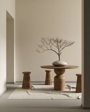 Bboho tarzı dekore edilmiş livinig odası. Ahşap mobilyaları olan modern, otantik bir oturma odası tasarımı. 3B illüstrasyon