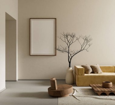 Poster çerçevesini boho stili dekore edilmiş livinig odasıyla süsleyin. Ahşap mobilyaları olan modern, otantik bir oturma odası tasarımı. 3B illüstrasyon