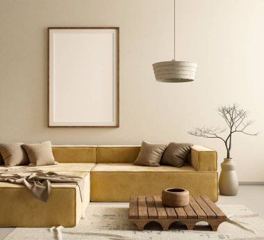 Poster çerçevesini boho stili dekore edilmiş livinig odasıyla süsleyin. Ahşap mobilyaları olan modern, otantik bir oturma odası tasarımı. 3B illüstrasyon