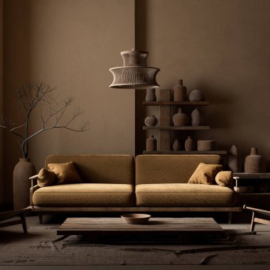 Bboho tarzı dekore edilmiş livinig odası. Ahşap mobilyaları olan modern, otantik bir oturma odası tasarımı. 3B illüstrasyon