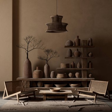 Bboho tarzı dekore edilmiş livinig odası. Ahşap mobilyaları olan modern, otantik bir oturma odası tasarımı. 3B illüstrasyon