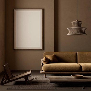 Poster çerçevesini boho stili dekore edilmiş livinig odasıyla süsleyin. Ahşap mobilyaları olan modern, otantik bir oturma odası tasarımı. 3B illüstrasyon