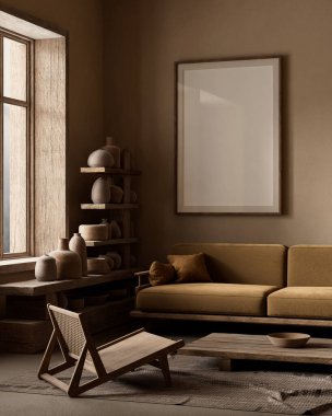 Poster çerçevesini boho stili dekore edilmiş livinig odasıyla süsleyin. Ahşap mobilyaları olan modern, otantik bir oturma odası tasarımı. 3B illüstrasyon